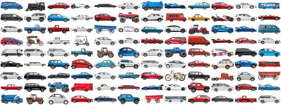 108 cars and various vehicles set of sedan, sports car, super car, bus, electric car, race car and other motor vehicles, many car photo collection set on isolated background AIG44