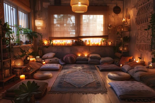 A room with a rug and pillows, lit with candles and lamps. The room has a warm and cozy atmosphere