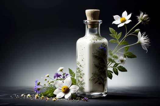 tincture of herbs and flowers in a bottle isolated on a black background