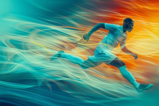 A soccer player is kicking a ball on a field with a blue and orange background. Concept of energy and excitement, as the player is in motion