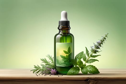 tincture of herbs and flowers in a bottle isolated on a green background