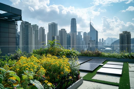 A rooftop garden with a solar panel on it. The garden is full of flowers and plants, and the solar panel is a modern addition to the space