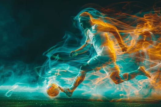 A soccer player is kicking a ball on a field with a blue and orange background. Concept of energy and excitement, as the player is in motion