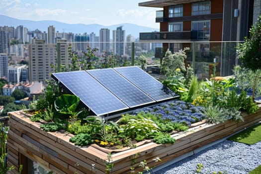 A rooftop garden with a solar panel on it. The garden is full of flowers and plants, and the solar panel is a modern addition to the space