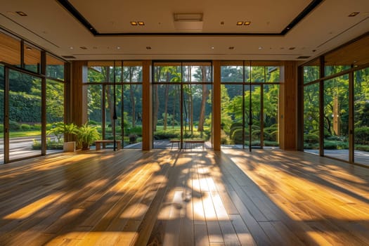 A large room with wooden floors and lots of windows. The room is empty and the sunlight is shining through the windows