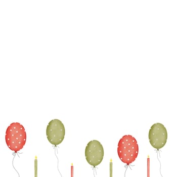 Balloons with candles postcard template. Hand drawn watercolor illustration for baby shower and birthday party on isolated background. Baby drawing for invitations and greeting cards. Bright festive clip art. High quality illustration