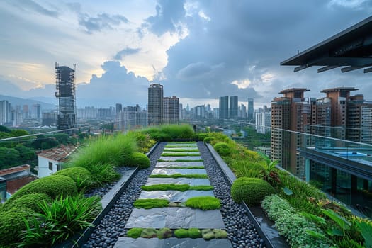 A cityscape with a rooftop garden filled with various vegetables and plants. The garden is a peaceful oasis in the midst of the bustling city