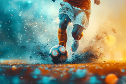 A soccer player is kicking a ball on a field with a blue and orange background. Concept of energy and excitement, as the player is in motion