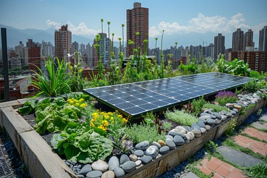 A rooftop garden with a solar panel on it. The garden is full of flowers and plants, and the solar panel is a modern addition to the space