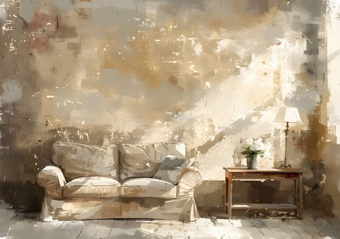 A cozy living room with a comfortable couch, wooden table, and an artful lamp. The walls are adorned with beautiful paintings and the room exudes a relaxing ambiance