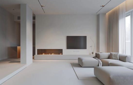 A cozy living room in a house with a fireplace, flat screen tv mounted on the wall, wooden flooring, and comfortable furniture. The ceiling is high and there is a large window for natural light