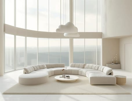 A cozy living room in a modern building with a comfortable couch, wooden coffee table, and large windows offering natural light. Interior design and architecture at its finest