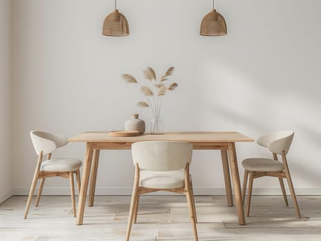 An elegant dining room with a rectangle wooden table, matching chairs, and a vase of flowers as a centerpiece. The interior design includes hardwood flooring and art on the walls