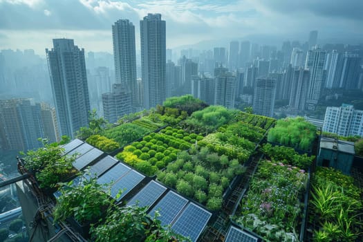 A cityscape with a rooftop garden filled with various vegetables and plants. The garden is a peaceful oasis in the midst of the bustling city