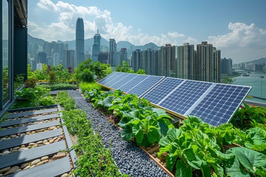 A rooftop garden with a solar panel on it. The garden is full of flowers and plants, and the solar panel is a modern addition to the space