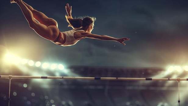 A graceful female gymnast is performing a spectacular leap over the bar in a vibrant stadium, showcasing her artistry and skill in this entertaining sports event