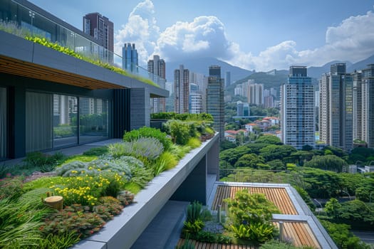 A cityscape with a rooftop garden filled with various vegetables and plants. The garden is a peaceful oasis in the midst of the bustling city