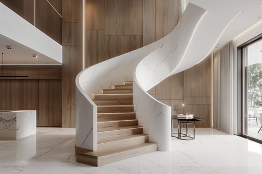 The fixture in the building is a spiral staircase made of hardwood, a composite material. It stands in the middle of the room, adding a unique touch to the concrete flooring and window facade