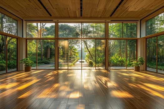 A large room with wooden floors and lots of windows. The room is empty and the sunlight is shining through the windows