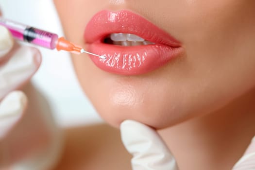 A woman is receiving a botox injection in her lips to enhance their appearance. Her skin is flawless, and her lipstick complements her gesture