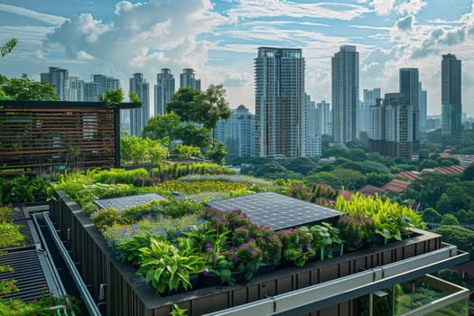 A rooftop garden with a solar panel on it. The garden is full of flowers and plants, and the solar panel is a modern addition to the space