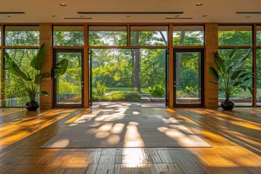 A large room with wooden floors and lots of windows. The room is empty and the sunlight is shining through the windows