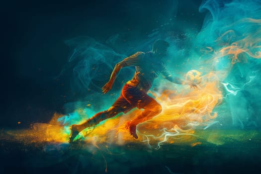 A soccer player is kicking a ball on a field with a blue and orange background. Concept of energy and excitement, as the player is in motion