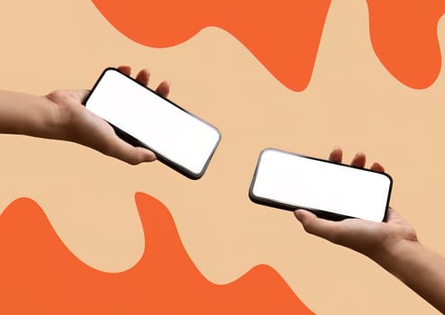 Two people holding cell phones with white screens. The phones are not connected to anything. Concept of disconnection and isolation