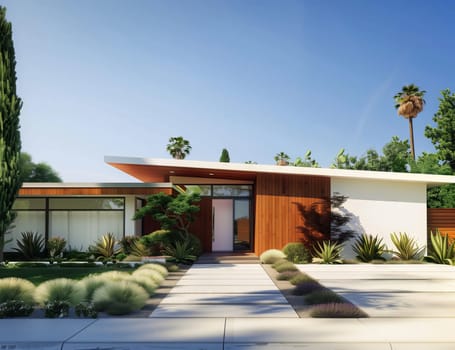 Contemporary home with a palm tree backdrop, featuring a driveway leading up to the house. The modern building includes windows and a door, set on an asphalt land lot under a clear sky