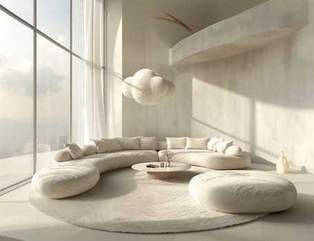 A comfortable living room in a wooden house featuring a large sectional couch, ottomans, and a coffee table with monochrome photography and art on the walls
