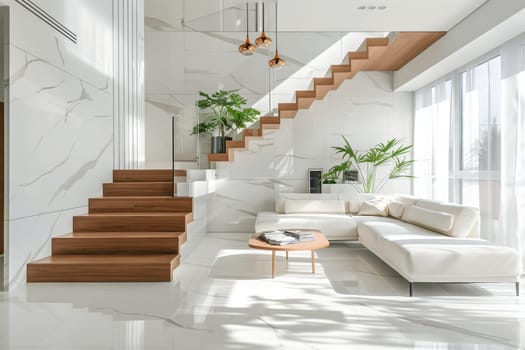 A living room in a house with hardwood flooring, a staircase, and a cozy couch. The interior design includes wood fixtures and plants