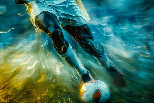 A soccer player is kicking a ball on a field with a blue and orange background. Concept of energy and excitement, as the player is in motion