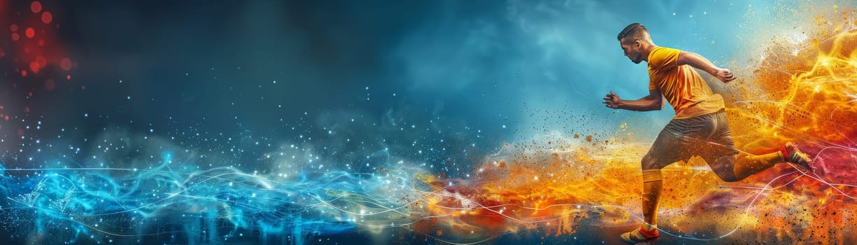 A man is running through a fire and water display. The image is a creative and dynamic representation of the energy and excitement of running. The blue and orange colors of the fire