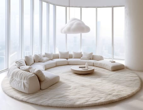 A cozy living room with a circular couch and a round rug on the hardwood flooring. The room features tints and shades of wood, with a large window and rectangular accents