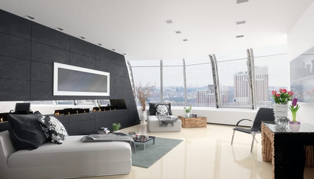 modern bright interiors apartment Living room 3D rendering computer generated image