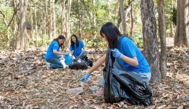 A group of Asian volunteers collects trash in plastic bags and cleaning areas in the forest to preserve the natural ecosystem..