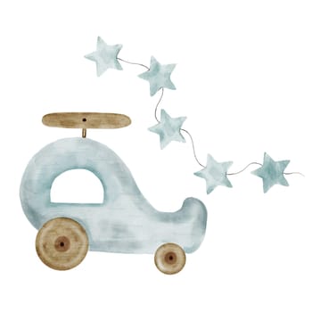 Wooden eco toy helicopter. Watercolor hand drawn illustration of air transport in pastel colors with blue stars. Mini set clip art isolated on white background. Airplane for boys. For design of cards and banners for baby shower and birth. High quality illustration