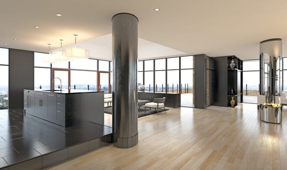 3d render of modern kitchen in a house with a beautiful view