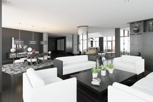 3d rendering luxury modern living room and dining room with white sofa