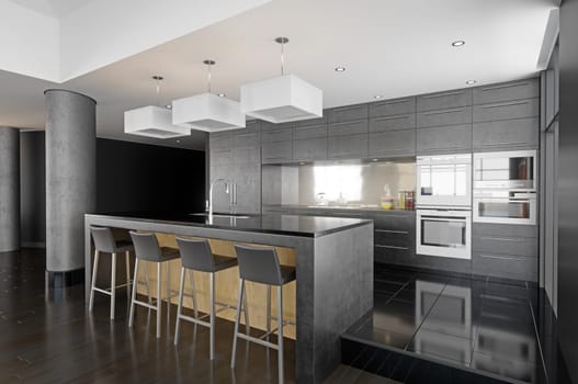 3d rendering black and white modern kitchen in a new luxury house