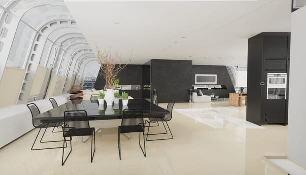 interior of modern house, kitchen and dining room. 3d rendering