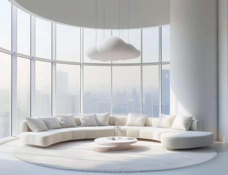A curved couch and a cloud decoration hanging from the ceiling create a unique and comfortable interior design in this living room featuring wood flooring