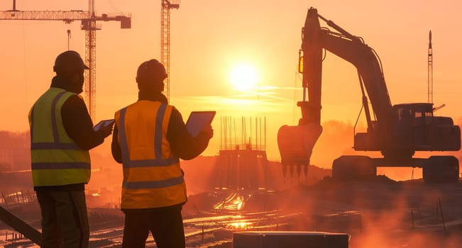 Two construction workers are enjoying the sunset at a building site, looking at a tablet while surrounded by the warm light reflecting on the water and sky