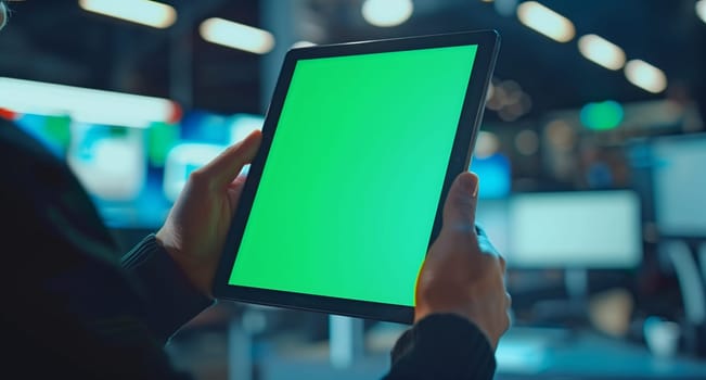 The individual is holding a communication device with a green screen. They are using their finger to interact with the gadget, displaying information on the computer monitor