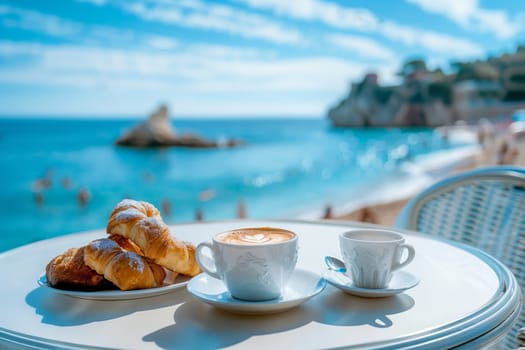 Two cups of coffee and croissants on a table by the azure ocean, under a blue sky with fluffy clouds. The perfect setting to enjoy nature and food