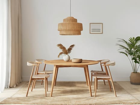 A dining room with wooden furniture, including a table and chairs, along with a plant in the corner. The rectangle table sits on the floor, surrounded by matching chairs