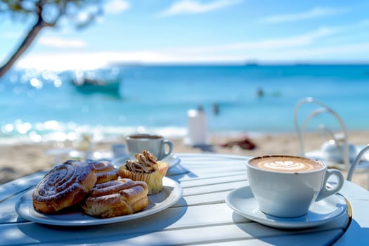 On the table, there is a cup of coffee and a plate of pastries. The azure sky reflects in the water of the coffee cup, creating a peaceful atmosphere