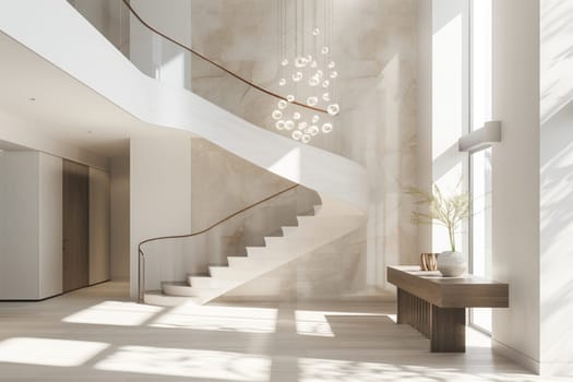 A wooden staircase serves as a fixture in the center of the room, complementing the hardwood flooring and adding character to the house