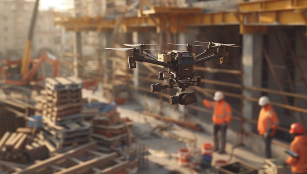 A drone is capturing aerial views of a building under construction in the city. The landscape, urban design, facade, and roof are all visible from above