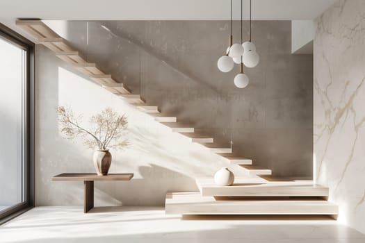 The building has a central staircase made of hardwood, a prominent fixture in the interior design. Its elegant wood steps lead up to the second floor, creating a focal point in the room